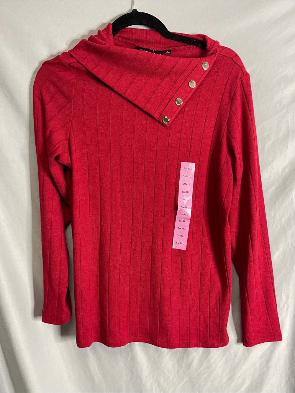 Rafaella Red Ribbed Cowl-Neck Sweater with Gold Buttons